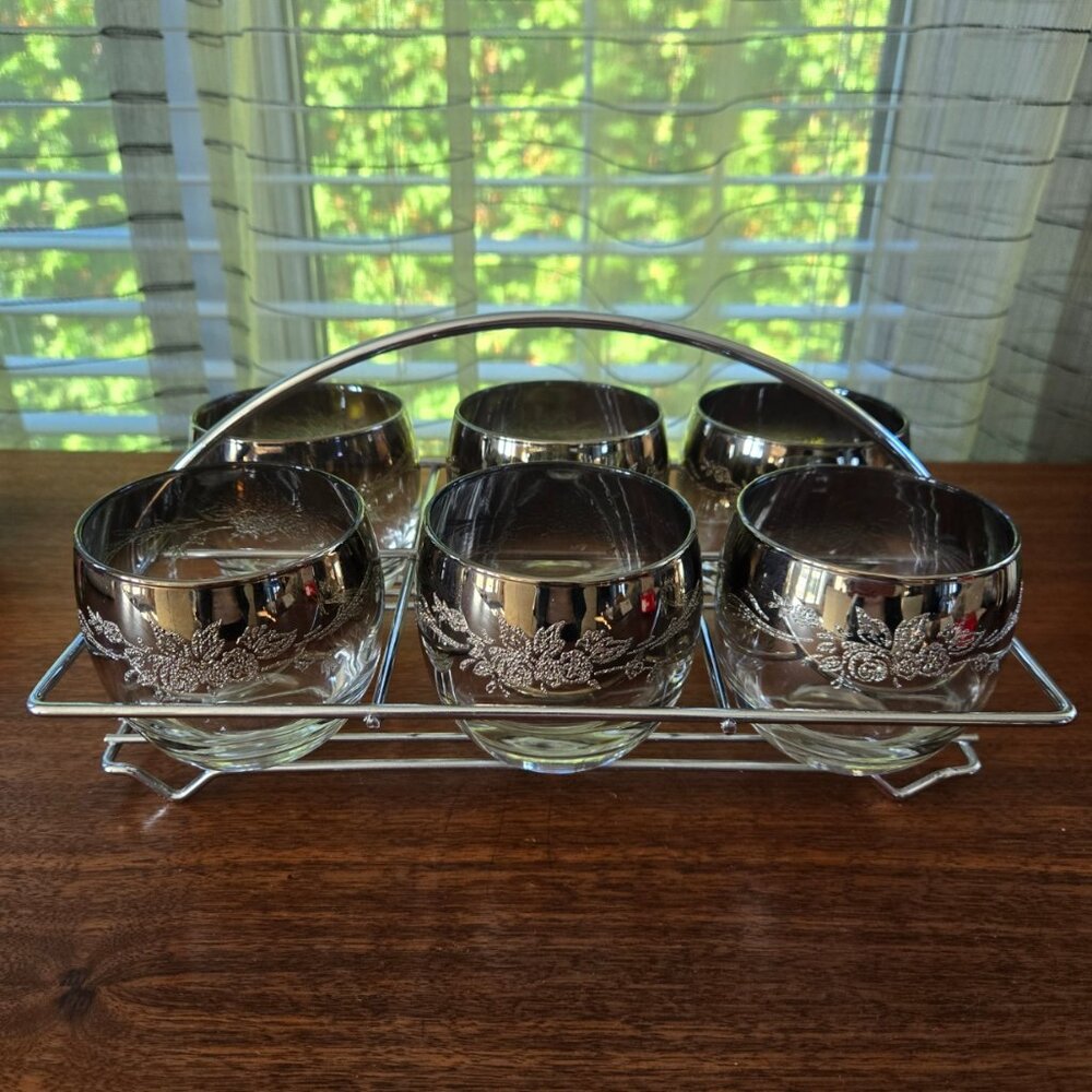 Silver Fade Roly Poly Glasses Caddy Set of 6 VTG MCM Ombre Relief Flowers 11.75"
